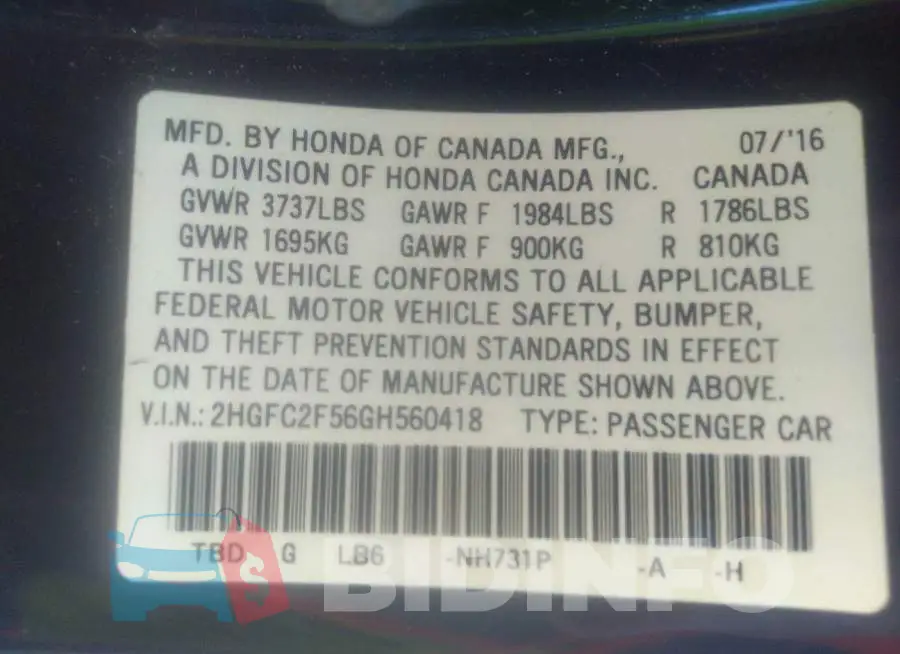 2HGFC2F56GH560418 Photo# 9