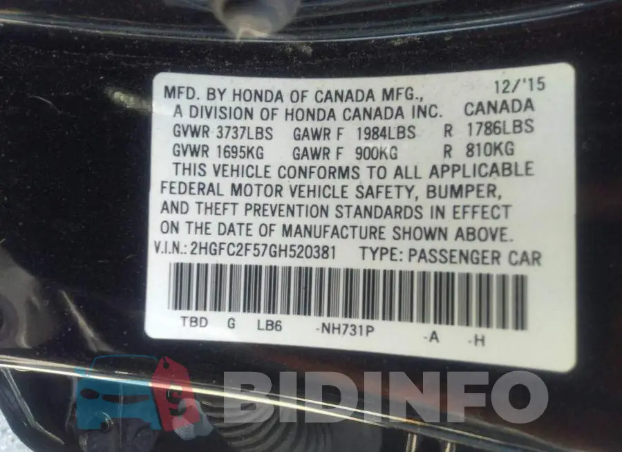 2HGFC2F57GH520381 Photo# 9