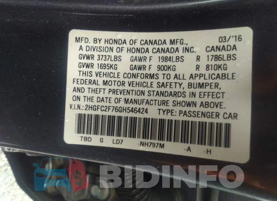 2HGFC2F76GH546424 Photo# 9