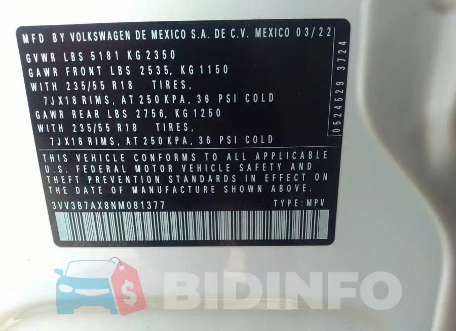 3VV3B7AX8NM081377 Photo# 9