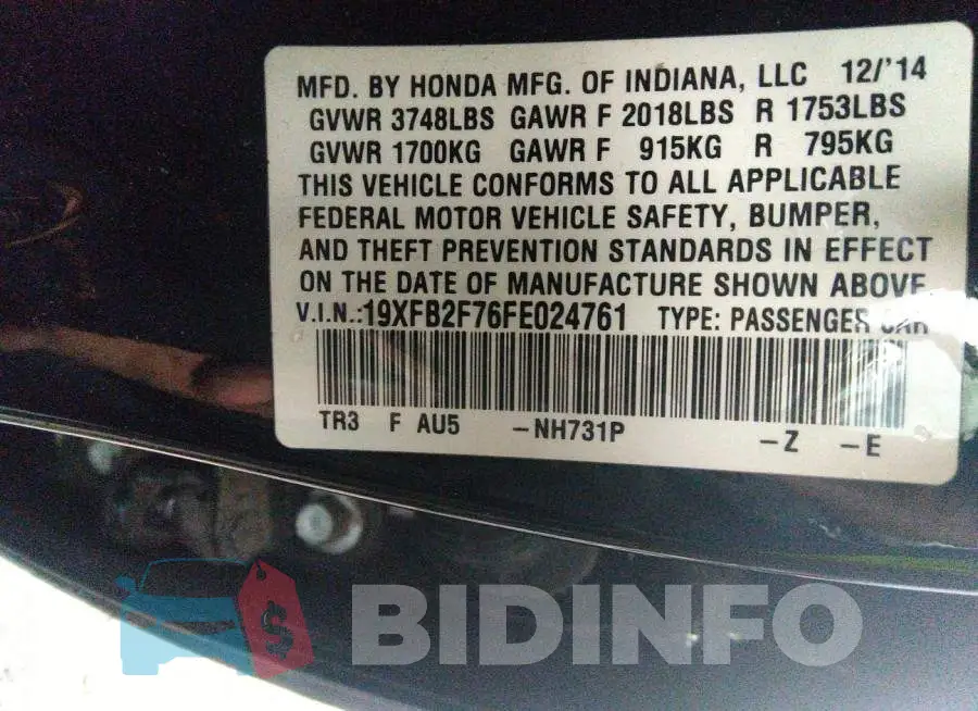 19XFB2F76FE024761 Photo# 9