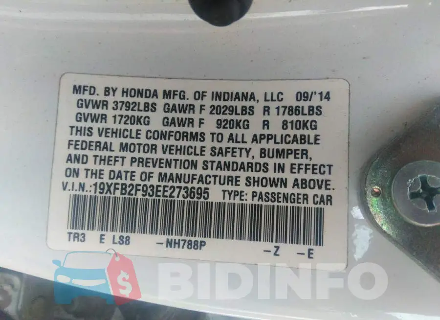 19XFB2F93EE273695 Photo# 9
