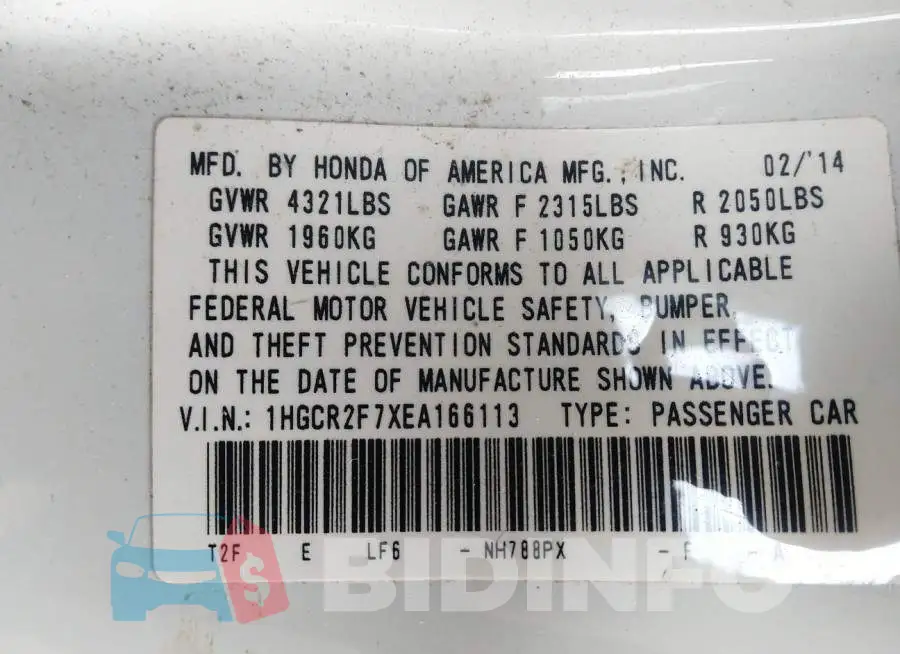 1HGCR2F7XEA166113 Photo# 9