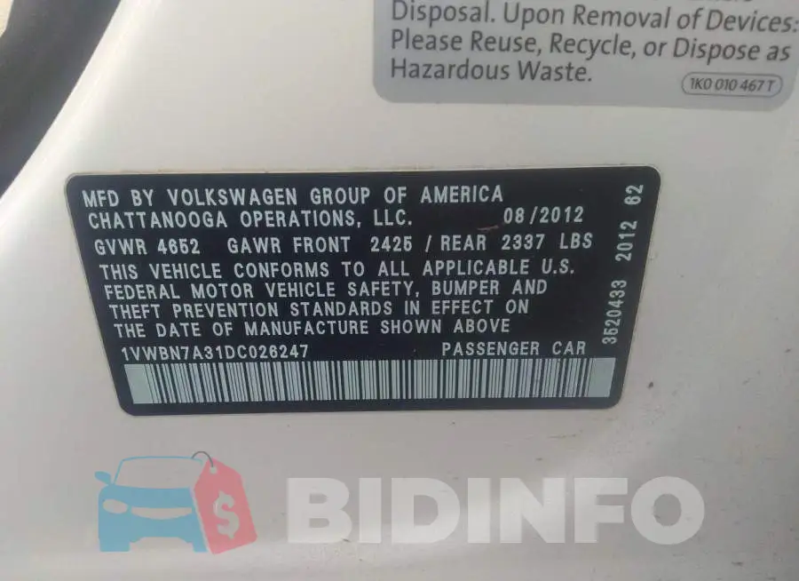 1VWBN7A31DC026247 Photo# 9