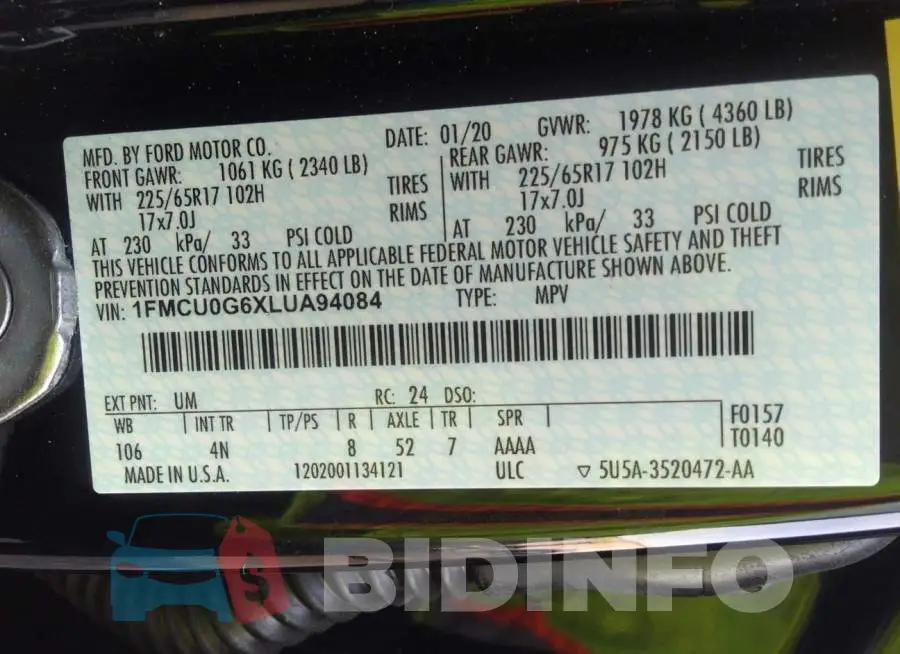 1FMCU0G6XLUA94084 Photo# 9