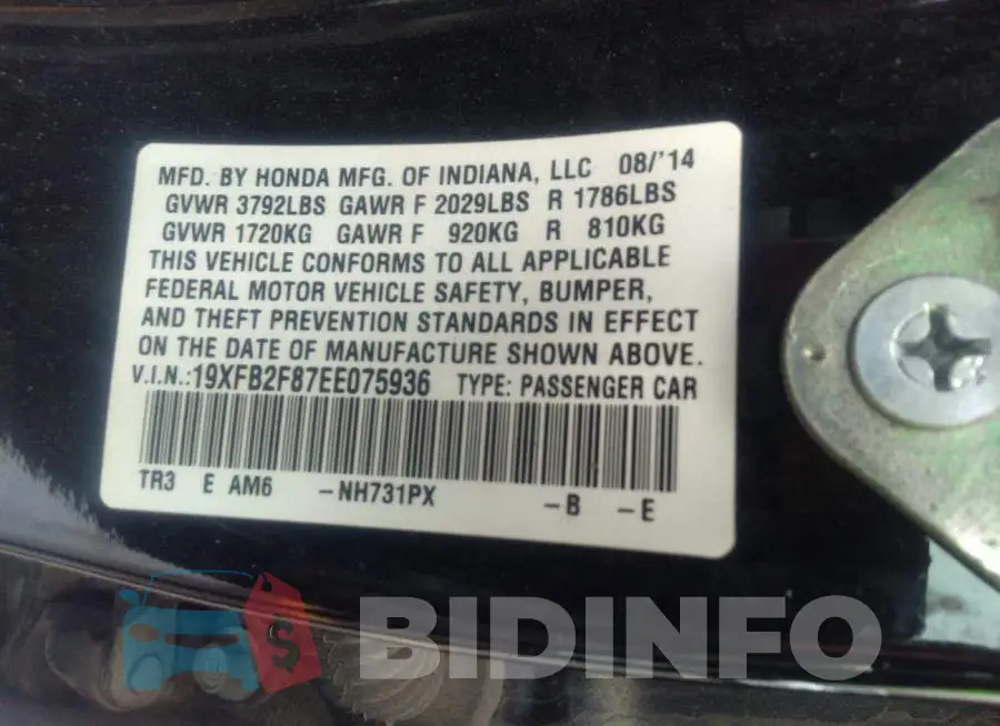19XFB2F87EE075936 Photo# 9