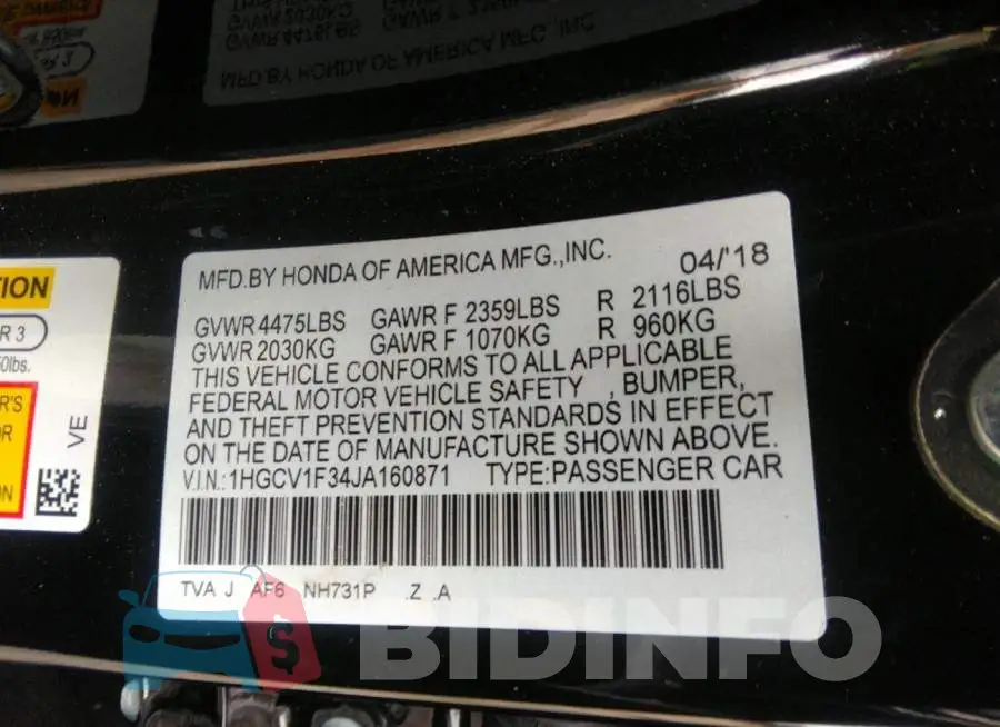1HGCV1F34JA160871 Photo# 9