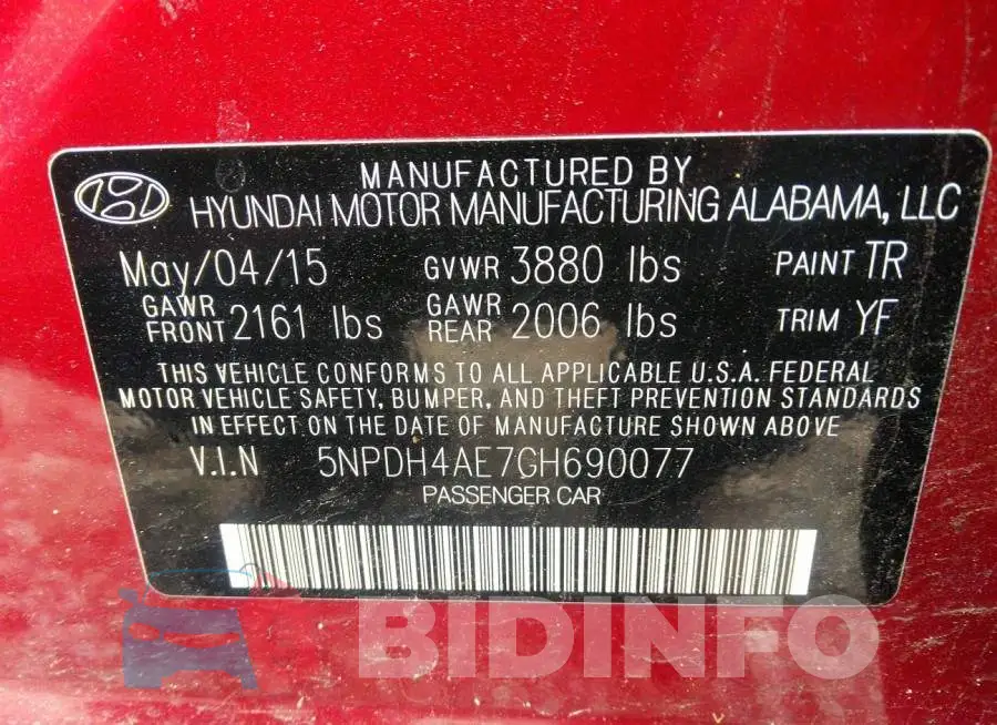 5NPDH4AE7GH690077 Photo# 9