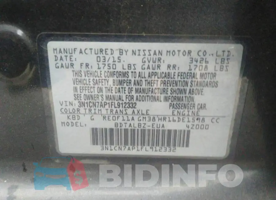 3N1CN7AP1FL912332 Photo# 9