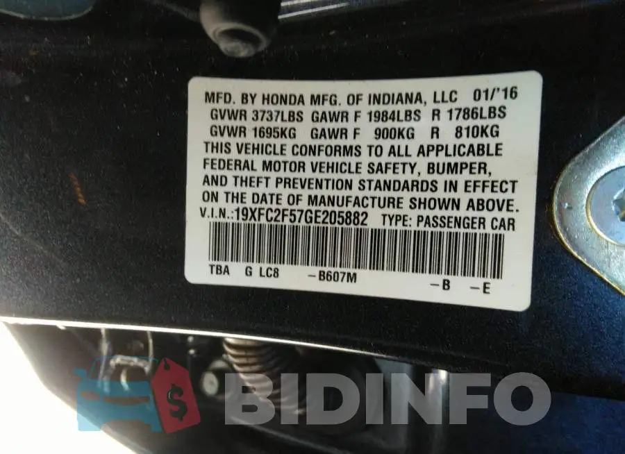 19XFC2F57GE205882 Photo# 9