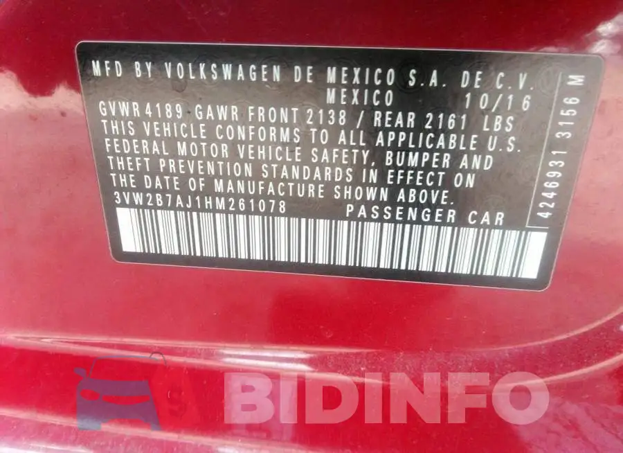 3VW2B7AJ1HM261078 Photo# 9
