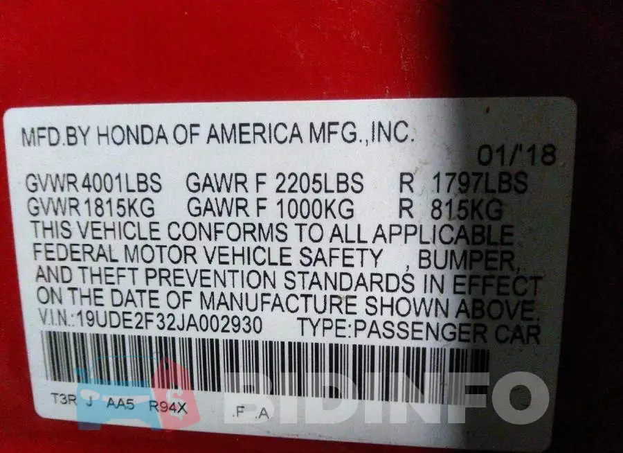 19UDE2F32JA002930 Photo# 9