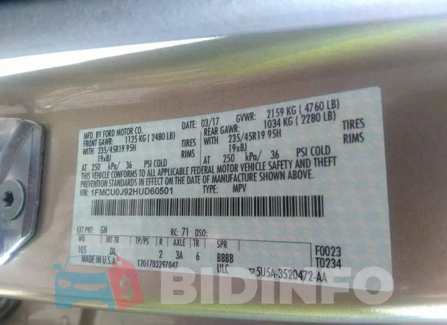 1FMCU0J92HUD60501 Photo# 9