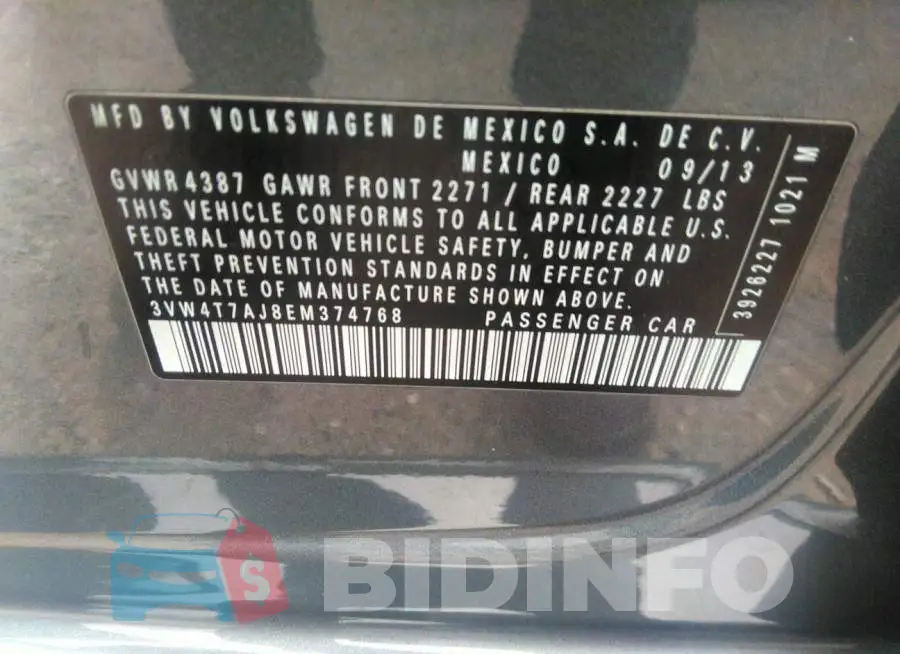 3VW4T7AJ8EM374768 Photo# 9