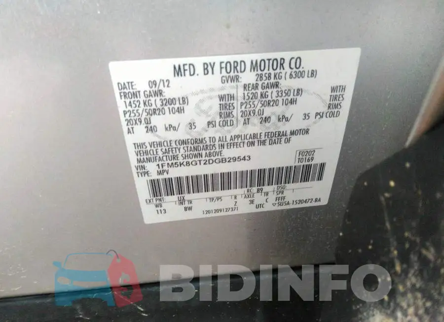 1FM5K8GT2DGB29543 Photo# 9
