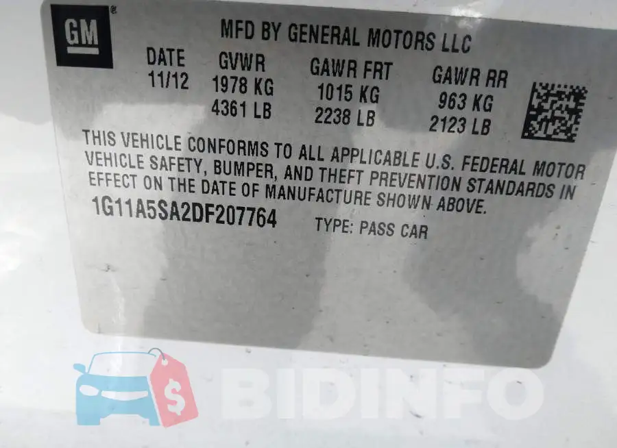 1G11A5SA2DF207764 Photo# 9