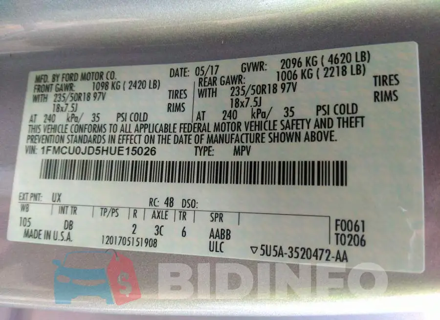 1FMCU0JD5HUE15026 Photo# 9