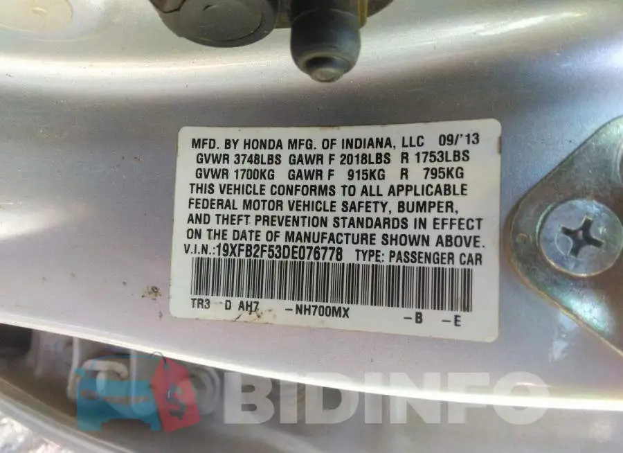 19XFB2F53DE076778 Photo# 9