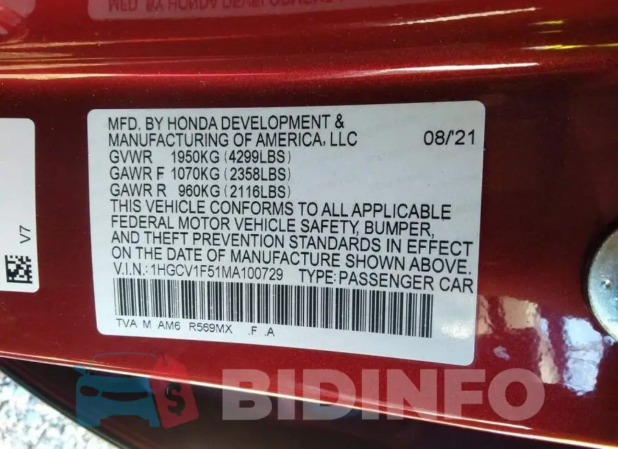 1HGCV1F51MA100729 Photo# 9