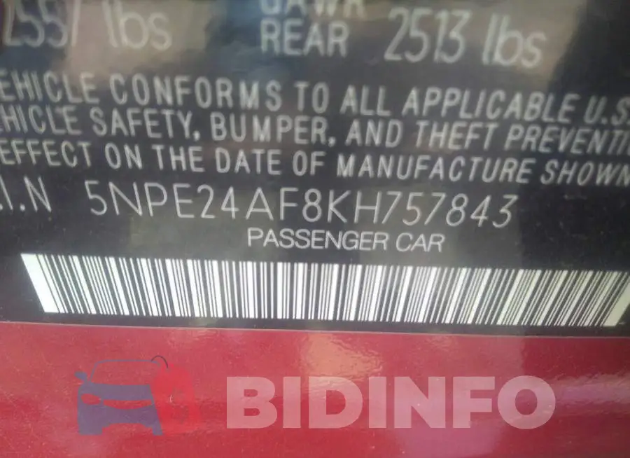 5NPE24AF8KH757843 Photo# 9