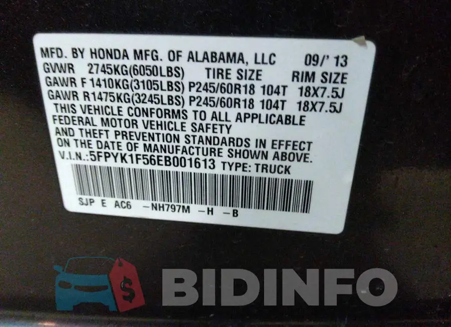 5FPYK1F56EB001613 Photo# 9