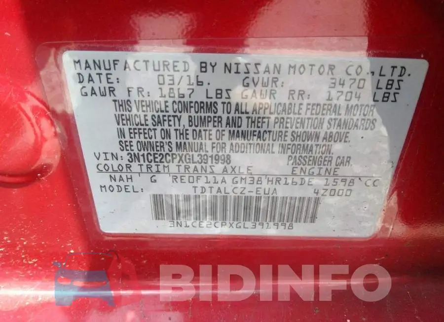 3N1CE2CPXGL391998 Photo# 9