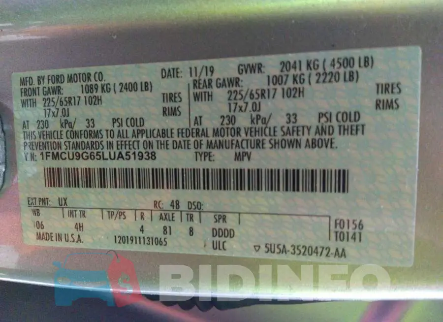 1FMCU9G65LUA51938 Photo# 9