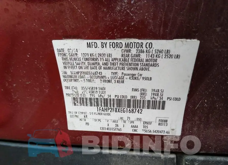 1FAHP2F8XEG168742 Photo# 9