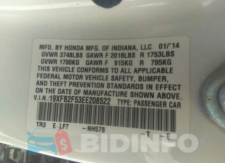 19XFB2F53EE208522 Photo# 9