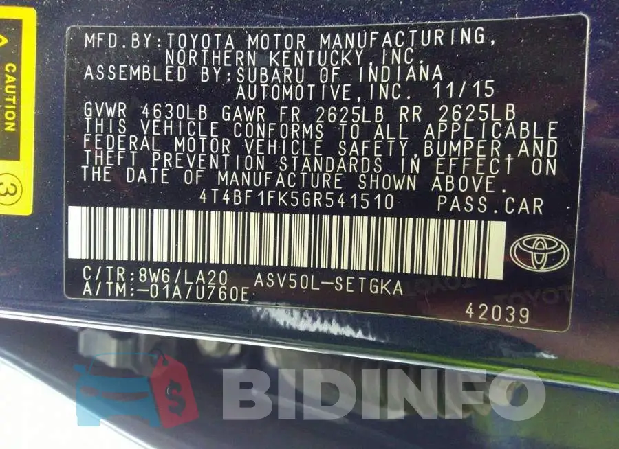 4T4BF1FK5GR541510 Photo# 9