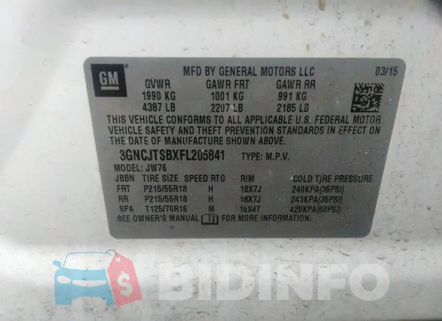 3GNCJTSBXFL205841 Photo# 9