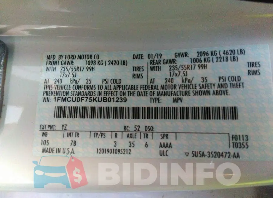 1FMCU0F75KUB01239 Photo# 9
