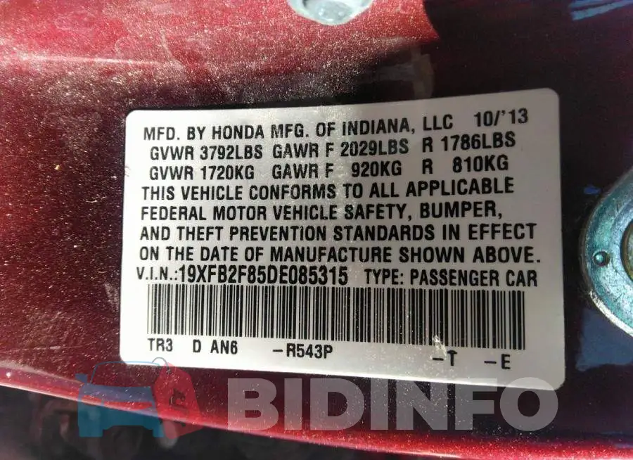 19XFB2F85DE085315 Photo# 9
