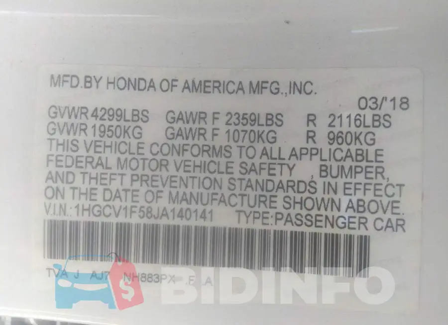 1HGCV1F58JA140141 Photo# 9
