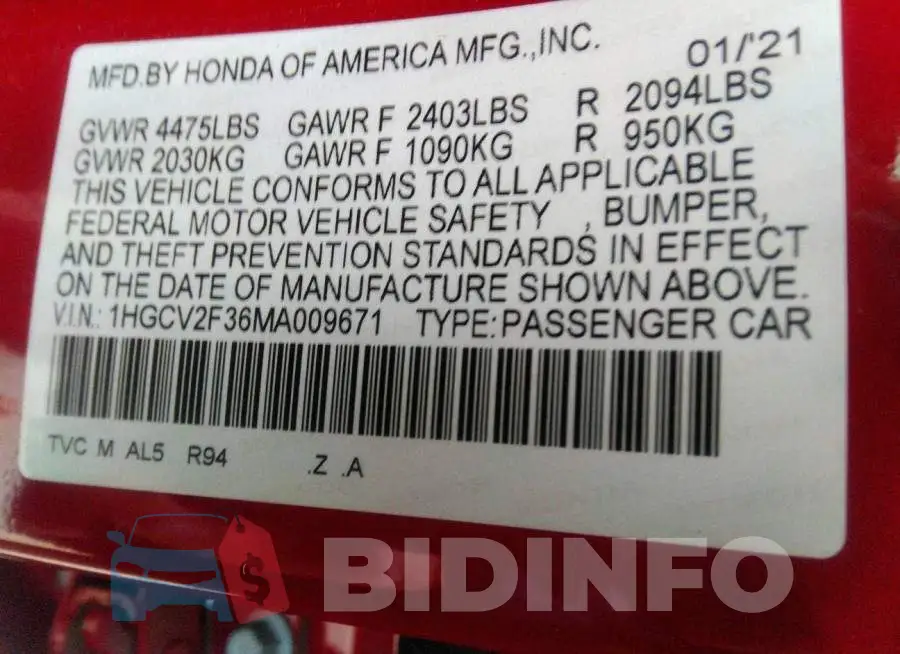 1HGCV2F36MA009671 Photo# 9