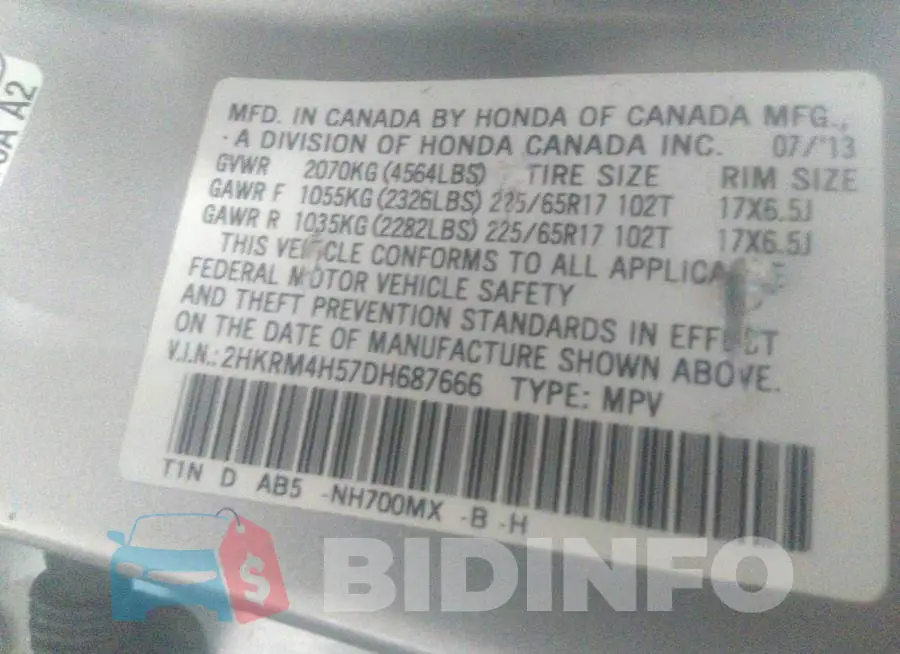 2HKRM4H57DH687666 Photo# 9