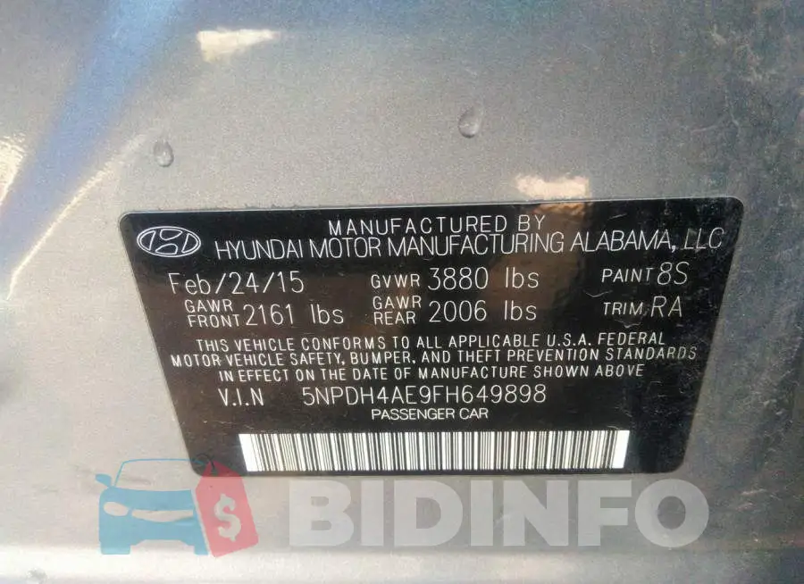 5NPDH4AE9FH649898 Photo# 9