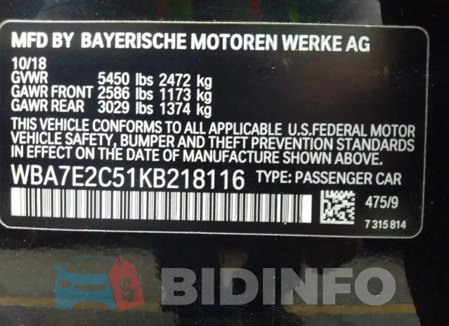 WBA7E2C51KB218116 Photo# 9