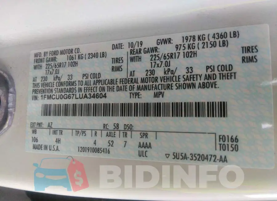 1FMCU0G67LUA34604 Photo# 9