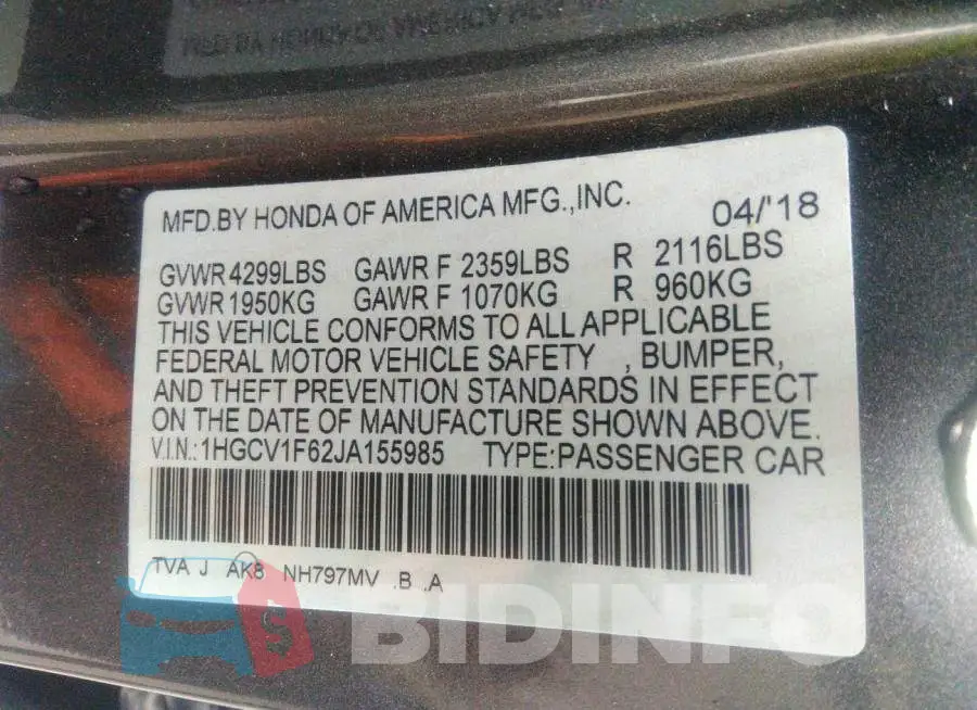1HGCV1F62JA155985 Photo# 9