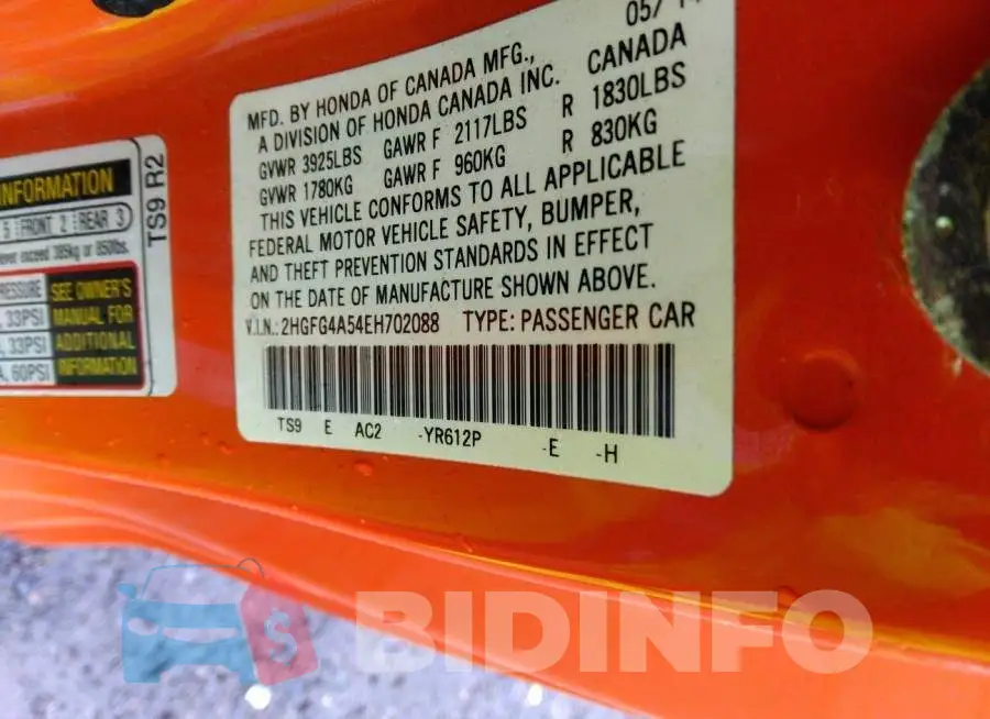 2HGFG4A54EH702088 Photo# 9