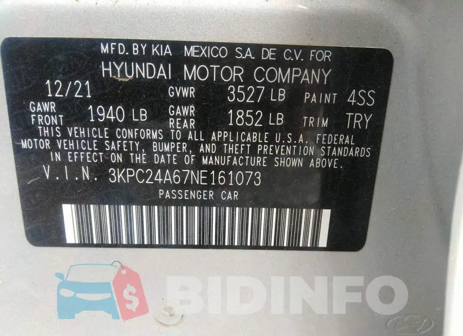 3KPC24A67NE161073 Photo# 9