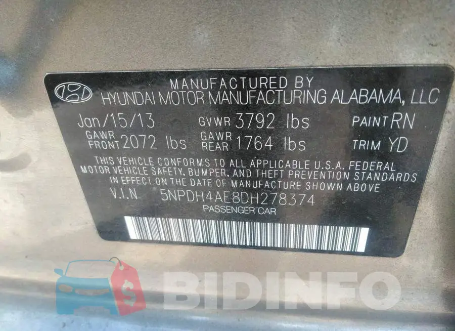5NPDH4AE8DH278374 Photo# 9