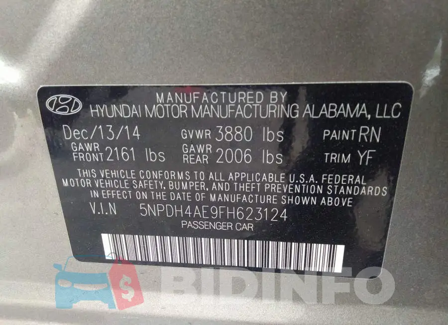 5NPDH4AE9FH623124 Photo# 9