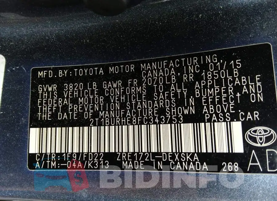 2T1BURHE8FC343753 Photo# 9