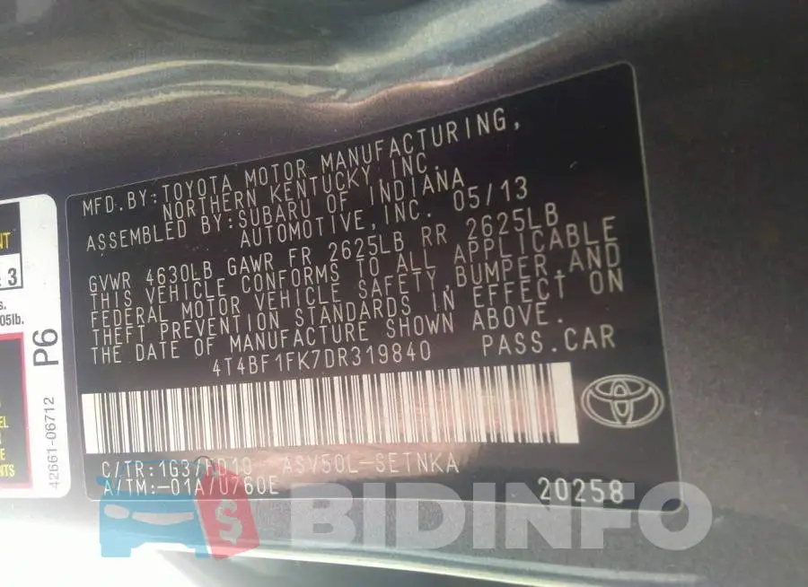 4T4BF1FK7DR319840 Photo# 9
