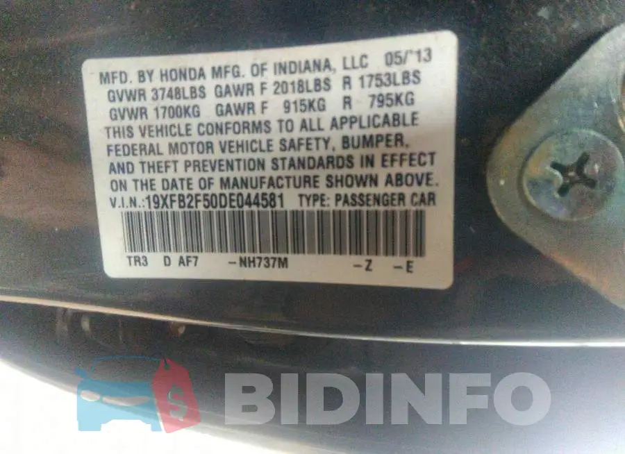 19XFB2F50DE044581 Photo# 9