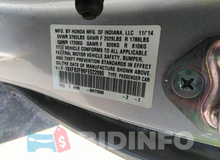 19XFB2F86FE022095 Photo# 9