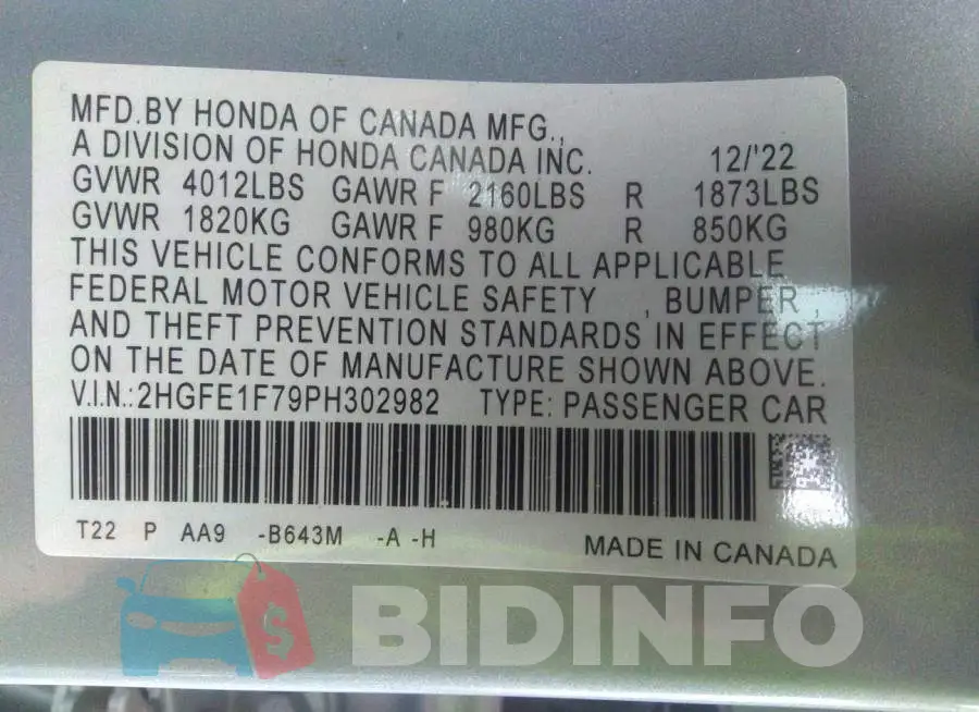 2HGFE1F79PH302982 Photo# 9