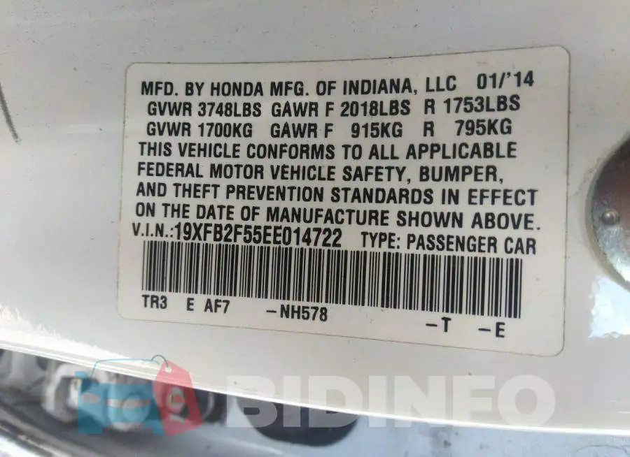 19XFB2F55EE014722 Photo# 9